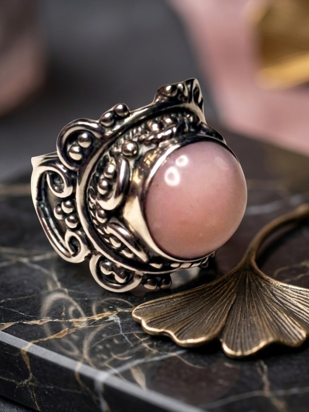 Artisan Crafted Pink Opal Statement Ring Solid 925 Sterling Silver